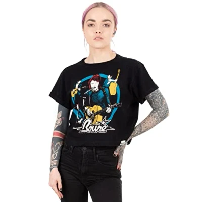 Image of David Bowie Cropped T Shirt for Women Ladies Band Graphic Black Short Sleeve Rock Tee Music Gifts Merchandise XL