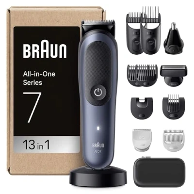 Image of Braun All in One Series 7 Grooming Kit, 13in1, ProBlade &amp; AutoSense, 120 Min, SkinGuard Beard Fading, AquaGrip for Under Water Use, AIO7565, Blue