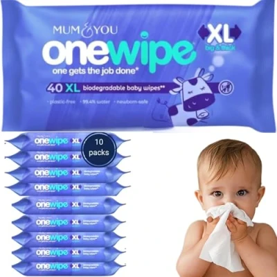Image of Mum &amp; You Onewipe baby Wipes Multipack, 100% Biodegradable wet (10 Packs), 99.4% Water for Sensitive Newborn Skin, Adults, baby, Tissue,Eco Friendly wipe