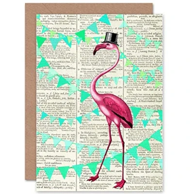 Image of Wee Blue Coo Greetings Birthday Gift Upcycle Dictionary Flamingo Bunting Party Sealed Greeting Card Plus Envelope Blank inside