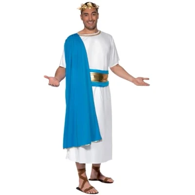 Image of Smiffys Roman Senator Costume, Blue &amp; White Robe, Belt and Headpiece, Legends Myths Fancy Dress, Adult Dress Up Costumes