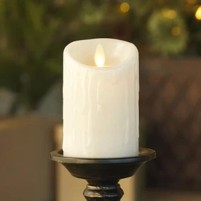 Image of Luminara White Wax Drip Flameless Candle LED Battery Operated Moving Flame Lights Pillar Unscented Real with Dripped Edge, Timer (3 x 4.5 inch)
