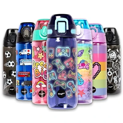 Image of Fringoo 600ml Kids Water Bottle with Straw &amp; Fliptop Lock 100% Leakproof BPA Free for School Dinosaur Lunch