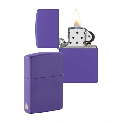 Image of Zippo Windproof Lighter Flame Logo Purple Matte Finish Refillable for Lifetime Use Adjustable Gift Box Metal Construction Made in USA