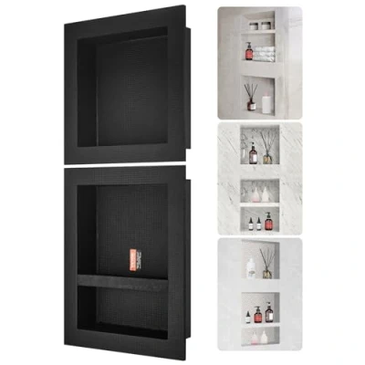 Image of VEVOR Shower Niche Ready for Tile 40.64x40.64cm &amp; 40.64x50.8cm, Triple Shelf, Square Corners Wall inserted Recessed, Sealed Protection Modern Soap Storage Bathroom, Black