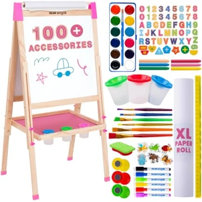 Image of Blue Squid Art Easel for Kids Dual Sided Adjustable Wooden Painting Easels with Magnetic Chalk Board, White Board &amp; Paper Roll Includes 100+ Accessories Toddlers Children 3 to 12