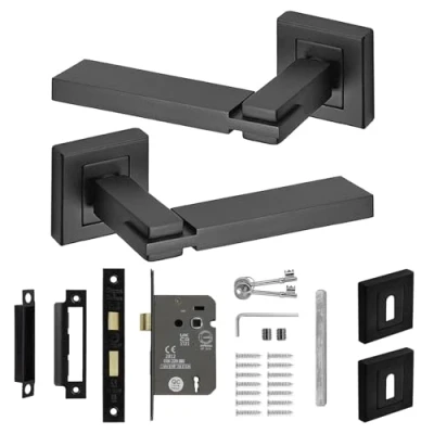 Image of Decoranddecor Alloy Door Lever Handle Set Black on Square Rose with Sash Lock and Keys (MattBlack)