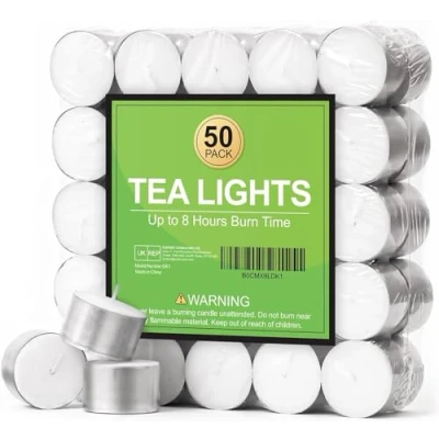 Image of 8 Hour Tea Lights Candles, Long Burning Tealights Candle Unscented White, 50 Pack