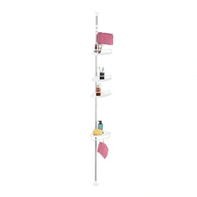 Image of Relaxdays Telescopic Shower Caddy, 99 311 cm, Corner Shelf, No Drilling, Tension Rod, with 4 Shelves &amp; Towel Bar, White, Stainless steel, Plastic