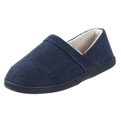 Image of E G O Mens Slippers Traditional Style Navy Blue Cord Fabric Upper Soft Micro Towel Lining Cushioned Insole Non Slip Hard Sole 11 UK