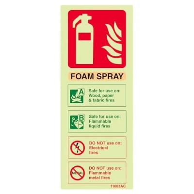 Image of V Safety Glow In The Dark Foam Spray Id Not Electrical Safe Fire Extinguisher Sign 75mm x 200mm Self Adhesive Vinyl