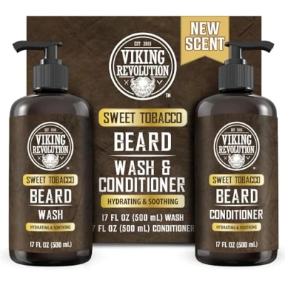 Image of Viking Revolution Beard Shampoo And Conditioner Natural Wash &amp; With Argan Jojoba Oils Softens Strengthens Gifts For Men Sweet Tobacco 2 x 500 ml