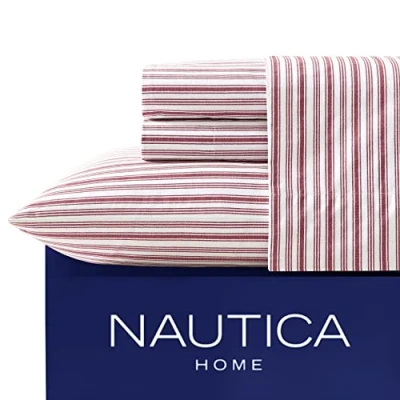 Image of Nautica Twin XL Sheet Set, Cotton Percale Bedding Crisp &amp; Cool, Dorm Room Essentials (Coleridge Red, XL)
