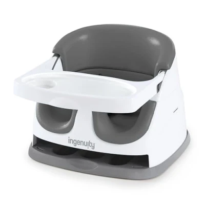 Image of Ingenuity, Baby Base 2 in 1 Seat, Slate, Booster Chair, Dining and Feeding Seat for Toddlers, Easy to Clean with Removable Self Storing Tray, Ages 6 Months+