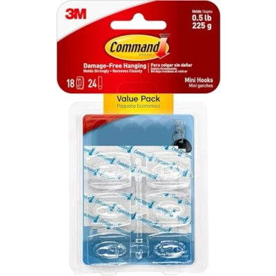 Image of Command Mini Hook, Value Pack of 18 Hooks and 24 Small Adhesive Strips, Transparent Damage Free Hanging Holds up to 225 gm (Packaging May Vary)