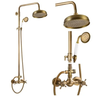 Image of gotonovo Bathroom Exposed Shower Fixture Set 2 Functions 8 Inch Rainfall Head Wall Mount Double Knobs Cross Handle Mixer System Combo Unit Brass Handheld Spray Antique