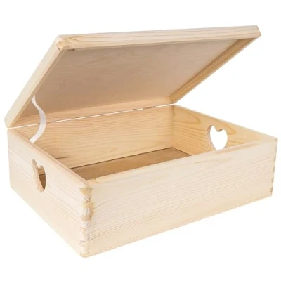Image of Creative Deco XL Large Plain Wooden Storage Box 40x30x14 cm (+/ 1 cm) Hinged Lid &amp; Heart Handles Unpainted Gift for Christmas Xmas Kitchen UNSANDED Wood Keepsake Memory Craft Chest