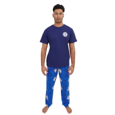 Image of Chelsea Official Licensed FC Mens Pyjamas Set, Football Gifts for Men Pjs Sets Cotton Lounge Set Blue