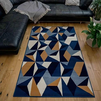 Image of Modern Thick Geometric Area Rug Navy Dark Blue Kaleidoscope Living Room Lounge Hallway Bedroom Rugs 160cm x 230cm