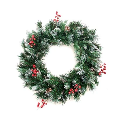 Image of Best Artificial Deluxe Frosted Christmas Wreath with Pine Cones &amp; Winter Red Berries (60cm Wreath)