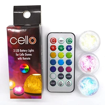 Image of Cello Submersible LED Lights Set of 3 Colour Changing &amp; Remote, Battery Operated, Waterproof Versatile Tea Lights. X Flameless Button Light Ideal for Tealight Holder Domes