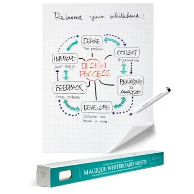 Image of EasyCling Whiteboard Paper for Walls, A1 Static &amp; Portable Sheets with 25 and 1 Board Marker Included, Stick on Doors, Windows, Fridges, Glass, 60 cm x 80 (Gridded)