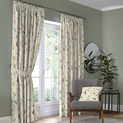 Image of Dreams &amp; Drapes Natural Floral Bird Curtains W66 x L72 (168 183cm) 2x Pencil Pleat Tie Backs 100% Cotton Botanical for Bedroom Garden