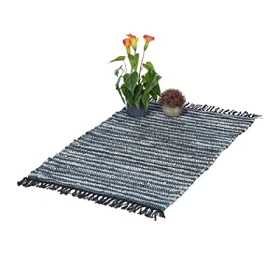 Image of Relaxdays Boho Runner Rug, Cotton and Leather, Non Slip, Hand Woven, with Tassels, for Living Area, 60x100 cm, Grey