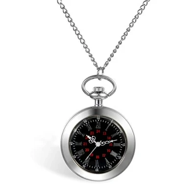 Image of JewelryWe Simple Pocket Watch Necklace Classic Roman Numerals Dial Pendant with Chain for Men Women,Black