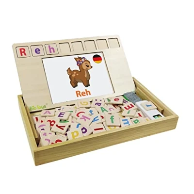Image of LEXIBOOK EDU100i3 Buchstaben Bio Toys School, Bilingual German/English, Wooden, 50 Word Cards, Alphabet, Educational Game