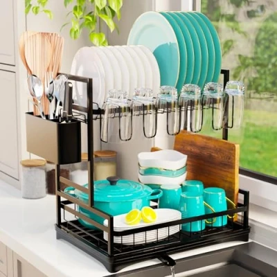 Image of Homiu 2 Tier Dish Drainer Rack Stainless Steel Utensil Holder Swivel Drainage Spout Kitchen Sink Draining Board Drying for Counter Cutlery