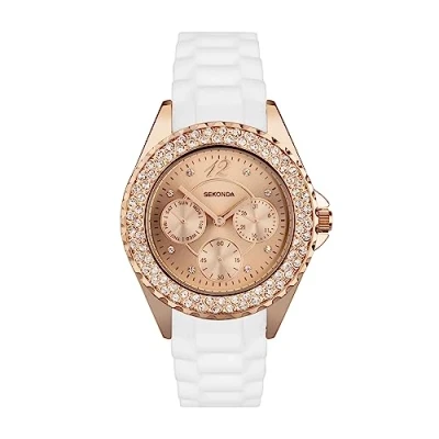 Image of Sekonda 37mm Womens Classic Quartz Watch Rose Gold Dial White Silicone Strap Day Date Display 30m Water Resistant Mineral Glass 2 Year Guarantee