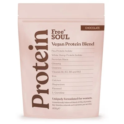 Image of Free Soul Vegan Protein Powder Formulated for Women 600g 20g with Added Nutrients Gluten &amp; Soy Plant Based Nutrition Shake Pea and Hemp Isolate (Chocolate)