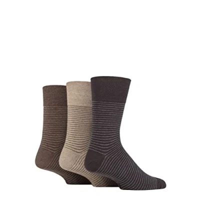 Image of Mens 3 Pair Gentle Grip Cotton Argyle Patterned and Striped Socks Stripe Brown / Natural 6 11