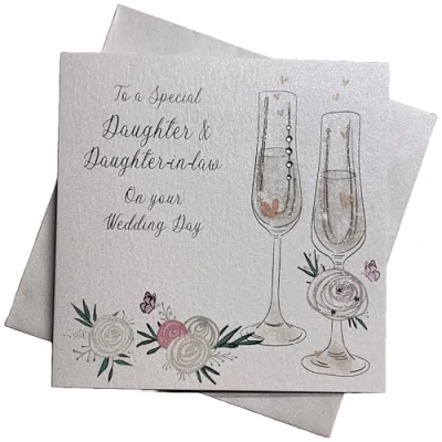 Image of WHITE COTTON CARDS To a Special Daughter in Law Day Handmade Wedding Card with Champagne Glasses, PD175