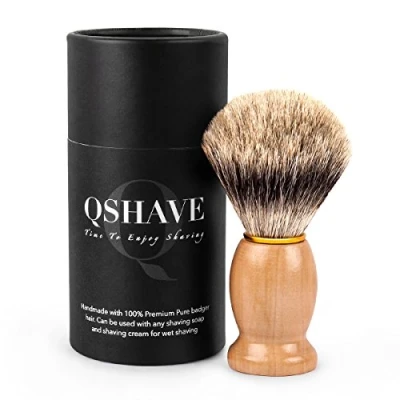 Image of QSHAVE 100% Best Original Pure Badger Hair Shaving Brush Handmade. Real Wood Base. Perfect for Wet Shave, Safety Razor, Double Edge Razor