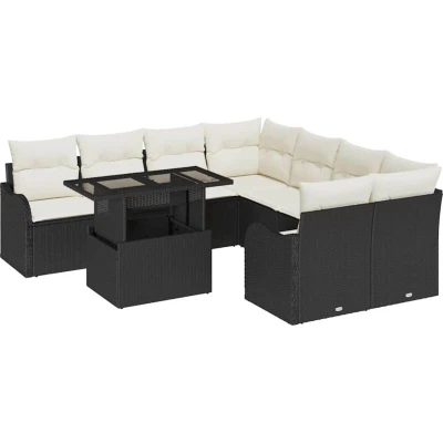 Image of vidaXL 9 Piece Garden Sofa Set with Cushions Black Poly Rattan