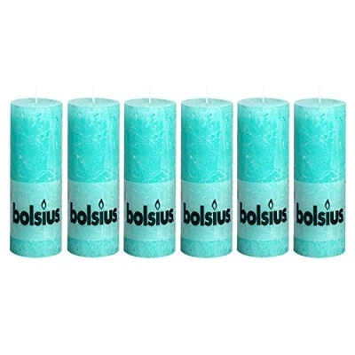 Image of Bolsius Turquoise Pillar Paraffin Wax Candle Set of 6 65 Hour Burn Time 19cm (H) x 6.8cm (Dia)