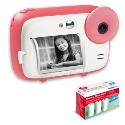 Image of AGFA Photo Realikids Instant Cam + 3 Rolls of Thermal Paper, ATP3WH Camera for Kids, 2.4&quot; LCD Display, Lithium Battery, Selfie Mirror and Filter Pink