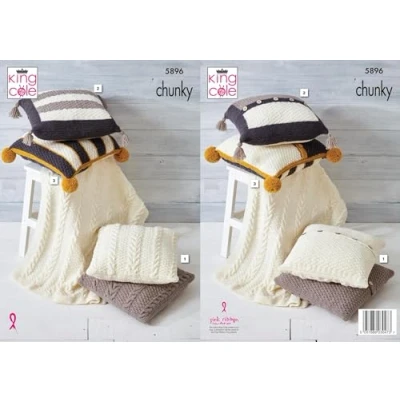 Image of King Cole Chunky Knitting Pattern Cable Knit Throw Blanket &amp; Cushion Covers (5896), Multi