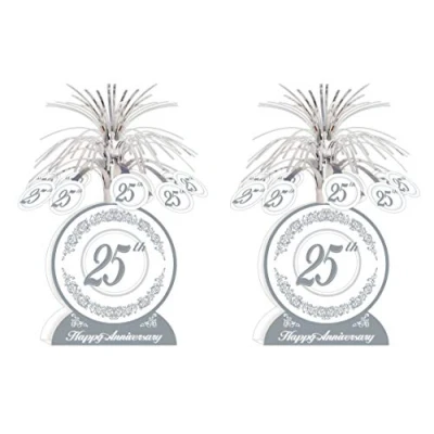 Image of A Beistle Creation S50513AZ2 25th Anniversary Centerpieces 2 Piece, 13 Twenty Fifth Table Jubilee Party, Milestone Wedding Decor, Paper Plastic, Silver/White
