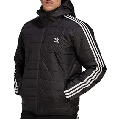 Image of adidas Originals Mens Jakcet Padded Trefoil 3 Stripe Hooded Coat Full Zip Black HL9211 New (UK, Alpha, S, Regular, Black)