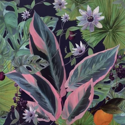 Image of Arthouse Passion Flower Wallpaper, Navy Blue Multi Large Scale Exotic Foliage Intertwined, Fruit Salad Mix, Orange Blossom Groves 921703