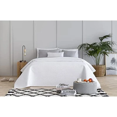 Image of Todocama Thin Quilted Bedspread with Rhombus Design for Spring, Summer, Autumn and Winter. 100% Extra Soft Microfibre. Multipurpose Bed Cover 105 200 x 260 cm White