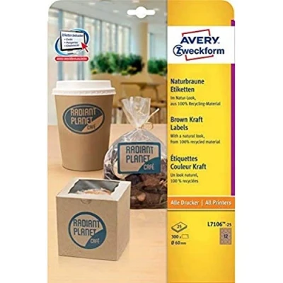 Image of Avery Purpose Form L7106 25 Product Labels, Around, Diameter 60 mm, Sheet, 300 pcs, Natural Brown