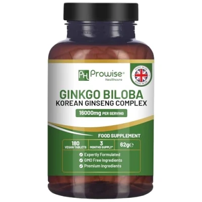 Image of Ginkgo Biloba and Korean Ginseng Tablets 8000mg 180 Vegan 6000mg &amp; Root 2000mg Supports Cognitive Function Mental Performance UK Manufactured by Prowise Healthcare