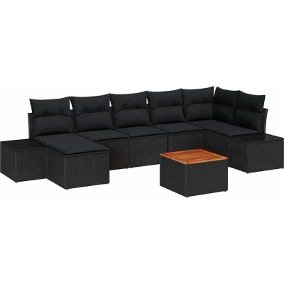 Image of vidaXL 8 Piece Garden Sofa Set with Cushions Black Poly Rattan Acacia
