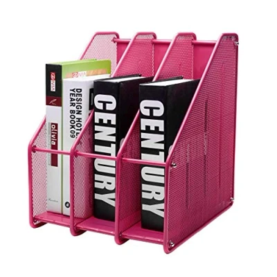 Image of EXERZ Magazine Holder Triple Rack, Mesh Metal 3 Compartments Vertical Documents/Notebooks/Folder/Organiser (Pink)