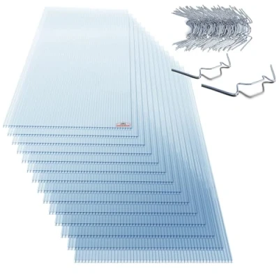 Image of GARDEBRUK® 14x Polycarbonate Twin Wall Sheets &amp; 50x Stainless Steel Glazing Clips 10.25 m² 4mm Double Greenhouse Roofing Clear Multi Panels Plastic Outdoor Canopy 121x60.5cm