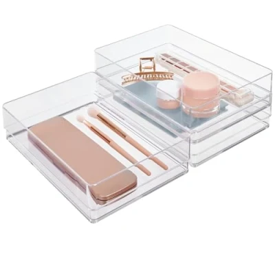 Image of STORi SimpleSort 3 Piece Stackable Clear Drawer Organizer Set 9&quot; x 6&quot; 2&quot; Rectangle Trays Wide Makeup Vanity Storage Bins and Office Desk Dividers Made in USA